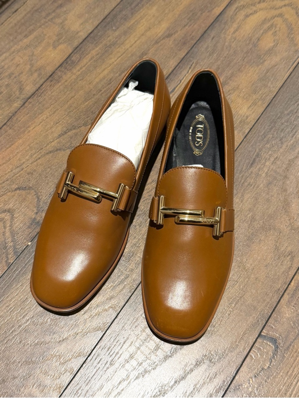 Tod's Tan Leather Gold-Trim Slip-On Loafers